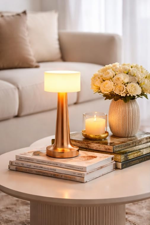 Image of Rose Gold LED Table Lamp - Modern Decorative Bedside Night Lamp with Soft Warm Light, Minimalist Metal Desk Light for Bedroom, Living Room & Office