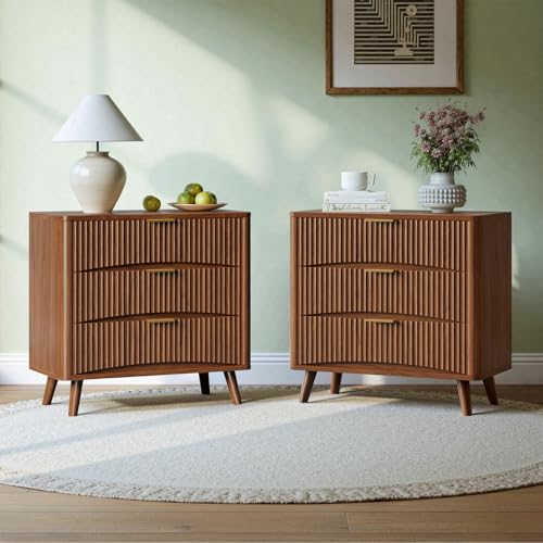 Image of Evermagin 31.5 inch W Larged Nightstands Set of 2, Walnut Mid Century Modern Night Stand, Tall Fluted 3 Drawer Bedside Table for Bedroom