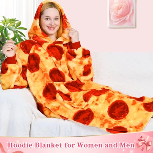 Image of Waitu Wearable Blanket Sweatshirt Gifts for Women and Men, Warm and Cozy Giant Blanket Hoodie, Thick Flannel Blanket with Sleeves and Giant Pocket - Pizzas Red