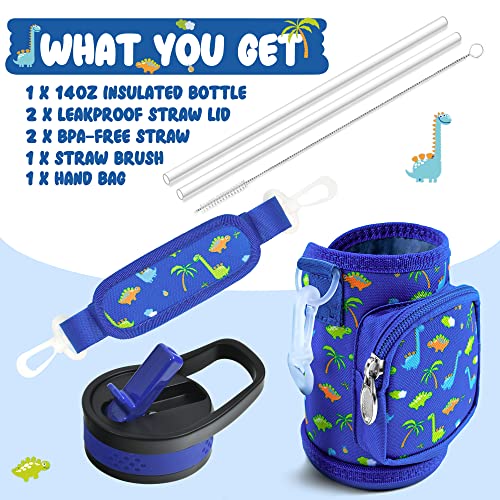 Aexpf Insulated Kids Water Bottle With Sleeve, 14 Oz Double Wall Vacuum Stainless Steel Leakproof Thermos Water Bottle With 2 Straw Lids, Reusable Dinosaur Pattern Kids Cup For School Travel Camping #TOP5