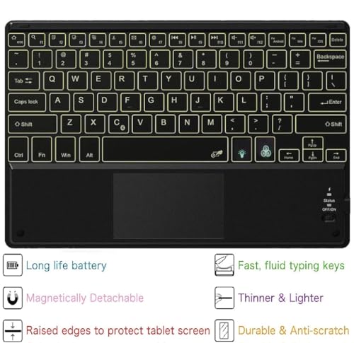 Image of HOM Tri-Fold 7-Colour Backlight Detachable Wireless Bluetooth Keyboard with Trackpad /Touchpad Tablet Cover Case for Lenovo idea Tab 11-inch Tablet - Black