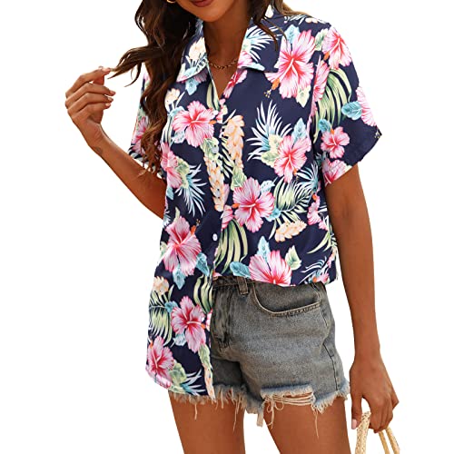 MYHALF Women Hawaiian Shirt Soft Cool Summer Hawaii Shirts Floral Tropic Print V Neck T-Shirt Short Sleeve Button Up Tops4