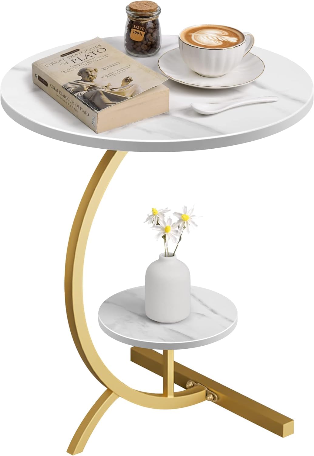 SLEEPHEAD®Round C Shaped End Table, Snack Side Table,End-Side-Couch-Table,Marble Texture Coffee Table,Modern Simplicity C End Table with Steel Frame for Sofa Coffee Laptop Living Room Bedroom Kitchen