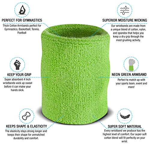 Suddora 4 Inch Arm Sweatbands - Thick Cotton Armbands For Gymnastics, Basketball, Tennis, Football (Neon Green) #TOP1