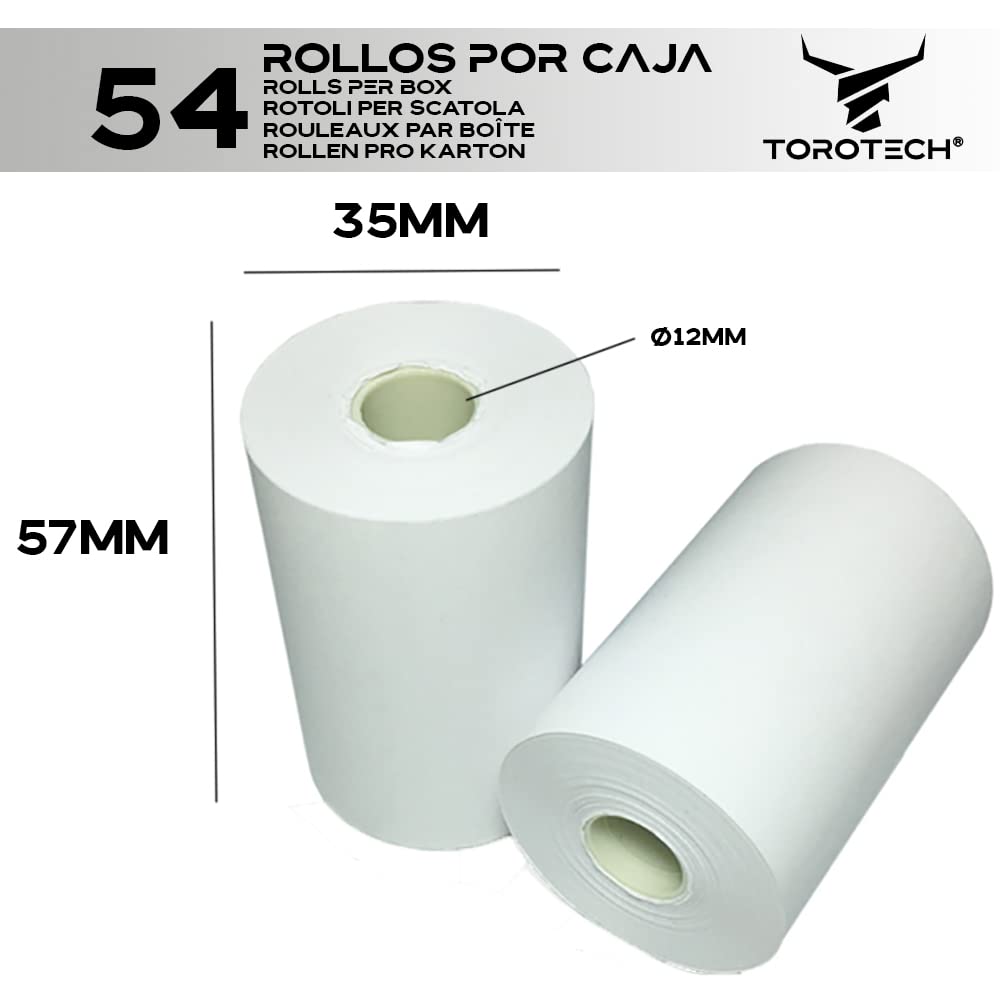 TOROTECH Bonrollen 57x35x12 mm - 54 Rollen - Thermopapier Thermorrollen weiß, ohne Rückseitendruck - Bonrollen Umweltfreundlich BPA-frei Phenolfrei - Tickets Terminals Kreditkarten (54)