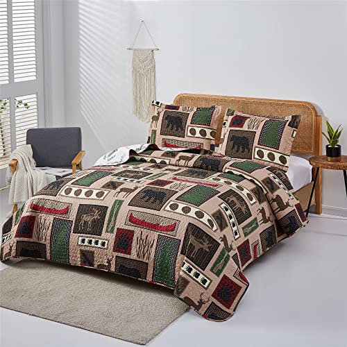 Smuge 3-Piece Moose Pine Tree Reversible Quilt Set,Rustic Home Lodge Red Boat Black Bear Paws Eagle The Wilds Quilted Bedspread Coverlet Bedding Set, Lightweight for All Season (Full/Queen, Red Boat)