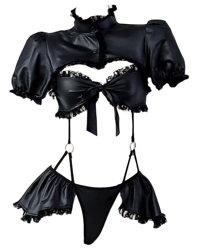 Mobbunny Goth Bodysuit Ruffled Lace Bodysuit Puff Sleeves High Collar Hollow One Piece Bodysuit: One Size Black