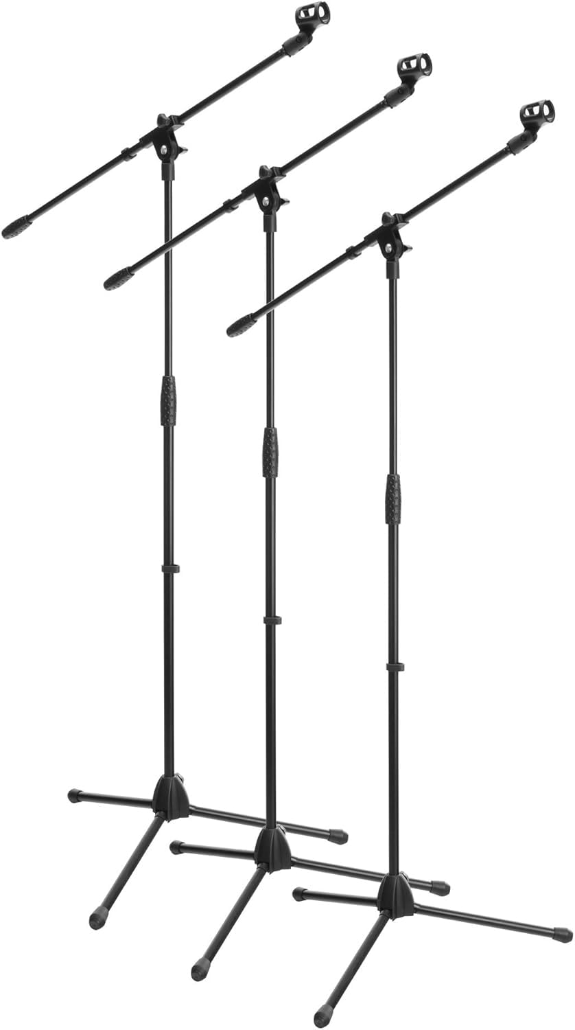 ROCKSTAR - Set de 3 Soportes de Micrófono con Brazo Articulado y Pinza MBS-01, Altura Ajustable hasta 154cm, Trípode y Abrazaderas de Cable – Stand Microfono Color Negro. Longitud brazo 75cm aprox.