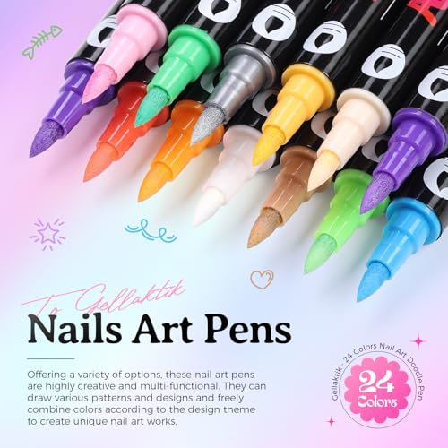 Image of 24 Colors Nail Art Pens Set for DIY Nail Art, 0.7mm MarkerPen | Dual-Tip, Quick Dry, Non-Toxic ＆ Odorless, Nail Polish Pens for Paint /Dotting /Liner, Beginner & Travel Friendly, Great Gift