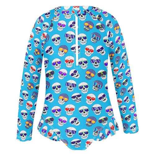 Skull Girls Long Sleeve Rashguard Swimsuit UV Protection One-Piece Swimwear Bathing Suit B04044022