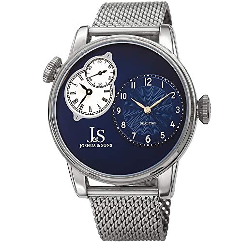 Joshua & Sons Men's Dual-Time Two-Tone Guilloche Watch - Multifunction Unique 3 Subdials On Stainless Steel Mesh Bracelet - JX154 (Silver Case/Blue Dial)