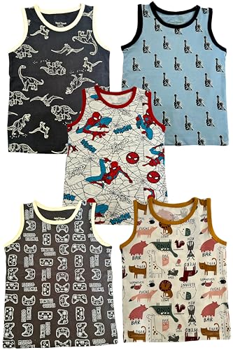 Image of Totz Touch Boys Regular Fit Sleeveless T Shirt / Tees / Vest / Baniyan | Pure Cotton 180 Gsm | Kids Casual Round Collar Tshirts (Pack 5 | Size Options - 0-6 Months / 12-24 Months / 2-3 Years / 3-4 Years / 4-5 Years)
