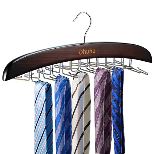 Ohuhu Tie Hanger Rack For Closet, Walnut Wooden Tie Organizer With 24 Folding Hooks, 360 Degree Rotating Tie Holder Storage For Neckties Belts Scarves Tank Tops Accessories, 1 Pack #TOP5