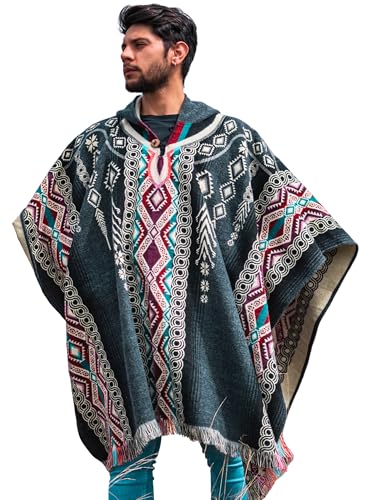 Image of Alpaca Mens Poncho with Hood - Cowboy Serape Western Poncho - Clint Eastwood Poncho for Men - Ecuadorian Cloak with Hood Men