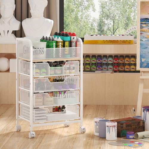 5-Tier Craft Organizer Cart with Wheels,Craft Organizers and Storage with Drawers,Lockable Wheels Rolling Utility Cart with DIY Divider,Office Supply Organizer,Ideal for Studio,Office,Bedroom,White - Image 3