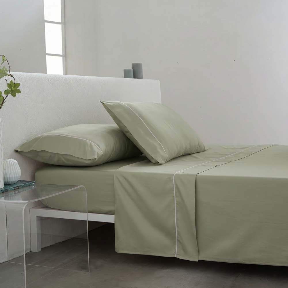 COTTON ARTean Juego de sábanas 150x190 / 200 Saten algodón Egipcio DE 300 Hilos LEUNA Verde claro 4 piezas: Encimera, 2 Fundas de Almohada, Bajera Ajustable