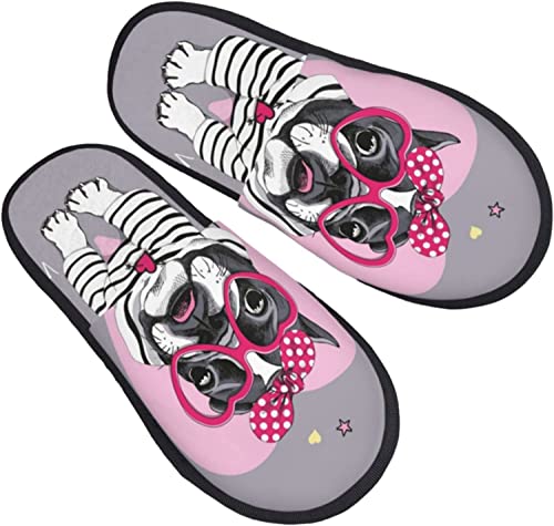 908 Pantofole Da Uomo Donna Bulldog Francese Con Occhiali A Cuore Ciabatte Pelose Scarpe Da Casa Comode Ciabatte Invernali Per Hotel Interno All'Aperto M