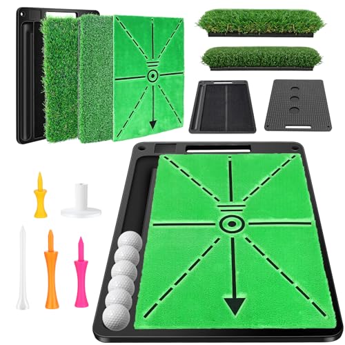 Golf Hitting Mat, 3-in-1 Golf Practice Mat, Replaceable Turf Golf Training Mats for Home Indoor Outdoor, Swing Path Feedback Detection Batting, Portable, Non-Slip Thick Base, Golf Gifts