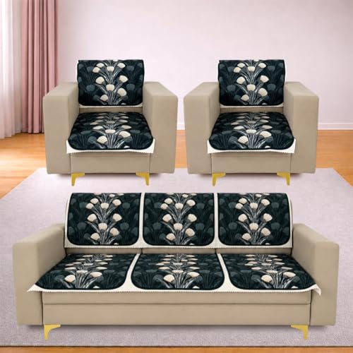 Image of Homerz Premium 'Luxe Series' Sofa Cover | Holland Velvet Fabric | Smooth Finish | Anti-Slip Fleece Backing Couch Protector (Terrace Vein, 5 (3+1+1) Seater, Seat Cover with Backrest)