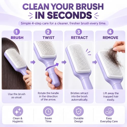 Image of One Click Self Cleaning Hair Brush for Women and Kids, Anti Static Detangling Paddle Comb with Flexible Bristles for Wet, Dry, Curly, Thick, Fine and Everyday Hair Care