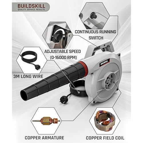 Image of BUILDSKILL 620W Air Blower Machine | 16000 RPM 1.5 kg Heavy Duty Copper Armature Air Blower with Variable Speed | Air Flow of 3.7 m3 /min | Suitable for Large & Small Areas | 3 Meter Long Wire - Grey