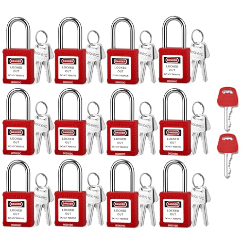 Image of Lockout Tagout Locks with 2 Master Keys|12-Pack Red OSHA Loto Lock|Keyed Different & Laser Coding|Lock Out Padlock Kits for Machinery & Electrical Panels