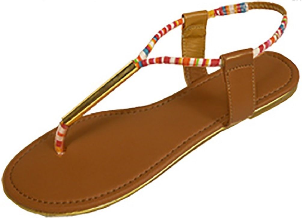 Womens T Strap Roman Gladiator Sandals W/Back Elastic & Metal Tube (11, Cognac/Stripe 6315)