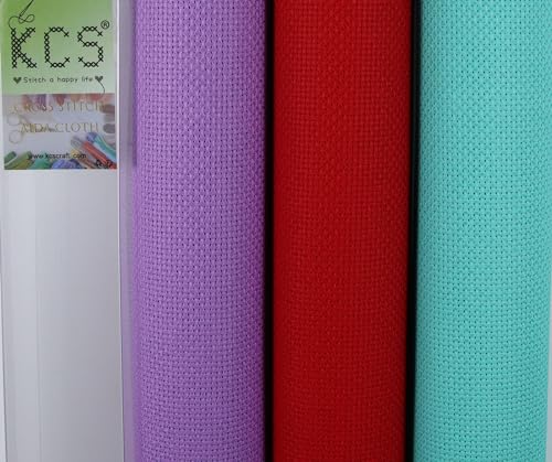 Image of KCS 3 pc of 15 inch x 18 inch(38cmx45cm) Counted Cross Stitch Cotton Aida Cloth Needlework Rolled Fabric Box,14CT,Sea Green+Lavender+Red