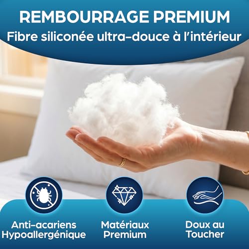 Oreiller 50x70 lot de 2 Flowen coussins de lit blancs en polyester