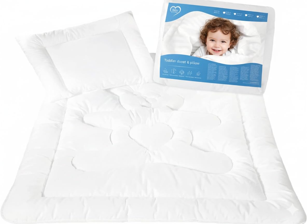 Baby Comfort White. Junior Toddler Cot Bed Duvet & Flat Pillow Filling Set 150X120 Cm All Seasonal White Bear Design 12M+