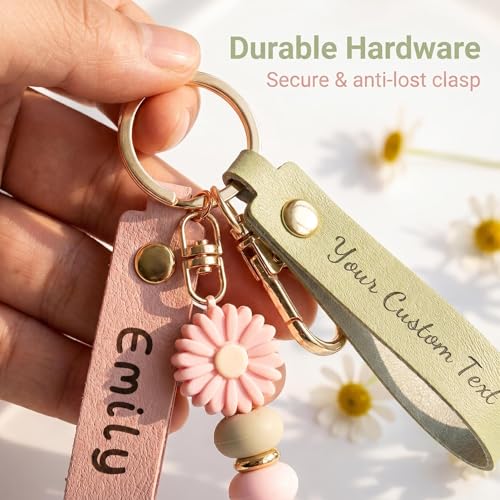 DONI Personalized Daisy Beaded Keychain Custom Engraved Leather Flower Key Ring Pendant Fashion Car Key Bag Decor Cute Jewelry Gift for Women Teacher Birthday Valentine Wedding Anniversary - Image 2