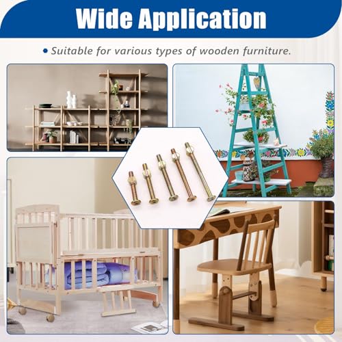 Taiss 16 Stück goldene Möbelschraube mit Zylindermuttern Set M6x40mm/50mm/60mm/70mm/80mm Babybett Schrauben, Bettschraube sechskant Kit,Flachkopfschrauben M6, hülsenschrauben für Babybetten.