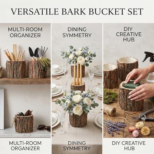 Image of Wooden Vase for Centerpieces, 6 Pack Wood Flower Vase Rustic Tree Stump Planter Pots, Wooden Bark Flower Bucket for Wedding Farmhouse Christmas Table Decor, Round Bark Stump Pots - 3.6x3.6x3 inch