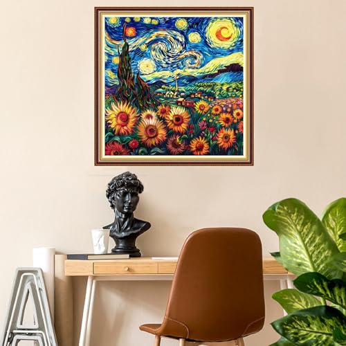 Image of Fanxvivy Stamped Counted Cross Stitch Kits for Adults Printed Cross-Stitch Patterns 11CT Stamped or Counted Cross Stitching Embroidery Kit Needlepoint Kits-Van Gogh Starry Sky Sunflower 18x18 inch
