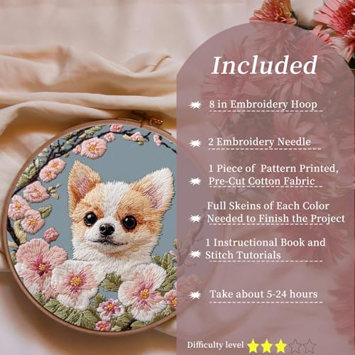 Image of FONNUY Chihuahua Dog Floral Embroidery Kit, Cross Stitch Kits for Beginners, Handmade Crafts with Printed Patterns for Beginner Adults, Easy to Follow Color Thread Needlework, 8'' Hoop (Petite Dog)