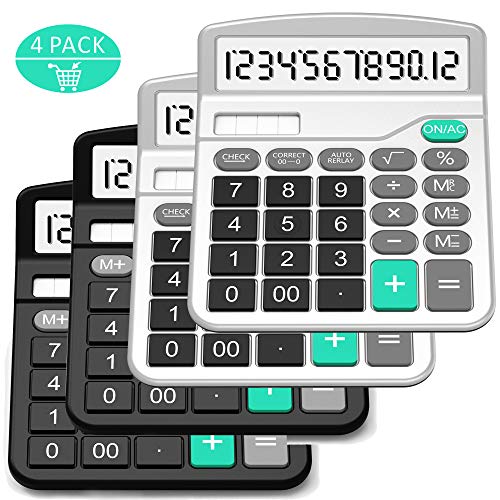 Calculator, Splaks 4 Pack Standard Functional Desktop Calculator Solar and AA Battery Dual Power Electronic Calculator with 12-Digit Large Display (2 Basic Black& 2 Updated Silver)