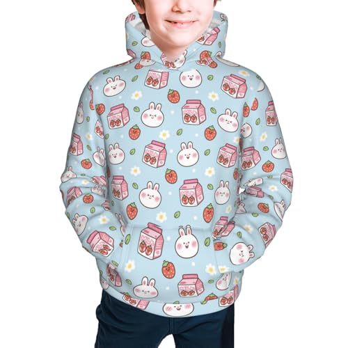 Cute Rabbit with Strawberry Milk Kid Hoodies Boys Sweatshirts Girls Pullover with Pocket3