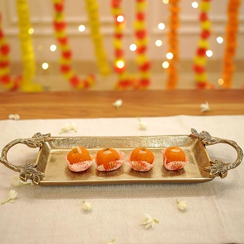 Image of BEHOMA Aluminium Golden Serve Tray with Leaf Handle, 16.7 inch | Golden aluminium serve tray with leaf handle, 16.7 inch; perfect Durga Puja & Navratri serveware.