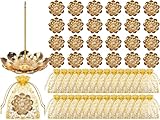 Layhit 24 Set Indian Return Gifts for Pooja Bulk, Lotus Incense Holder Gold Incense Sticks Holder with Organza Bags, Zinc Alloy Stick/Coil/Cone Anti Ash Spilling for Housewarming Yoga Spa Decor