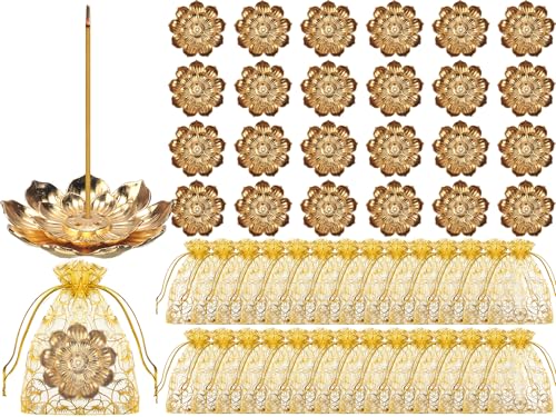 Layhit 24 Set Indian Return Gifts for Pooja Bulk, Lotus Incense Holder Gold Incense Sticks Holder with Organza Bags, Zinc Alloy Stick/Coil/Cone Anti Ash Spilling for Housewarming Yoga Spa Decor
