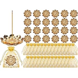 Layhit 24 Set Indian Return Gifts for Pooja Bulk, Lotus Incense Holder Gold Incense Sticks Holder with Organza Bags, Zinc Alloy Stick/Coil/Cone Anti Ash Spilling for Housewarming Yoga Spa Decor