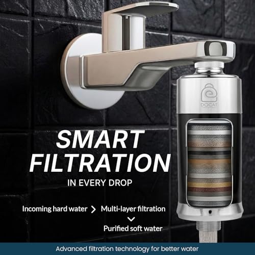 Image of DOCAT 15 Stage Shower & Tap Filter for Hard Water | Water Softener for Bathroom | Reduces Hair Fall, Skin Dryness & Limescale | Chlorine Removal | Fits for Tap, Shower, Hand Shower | Black