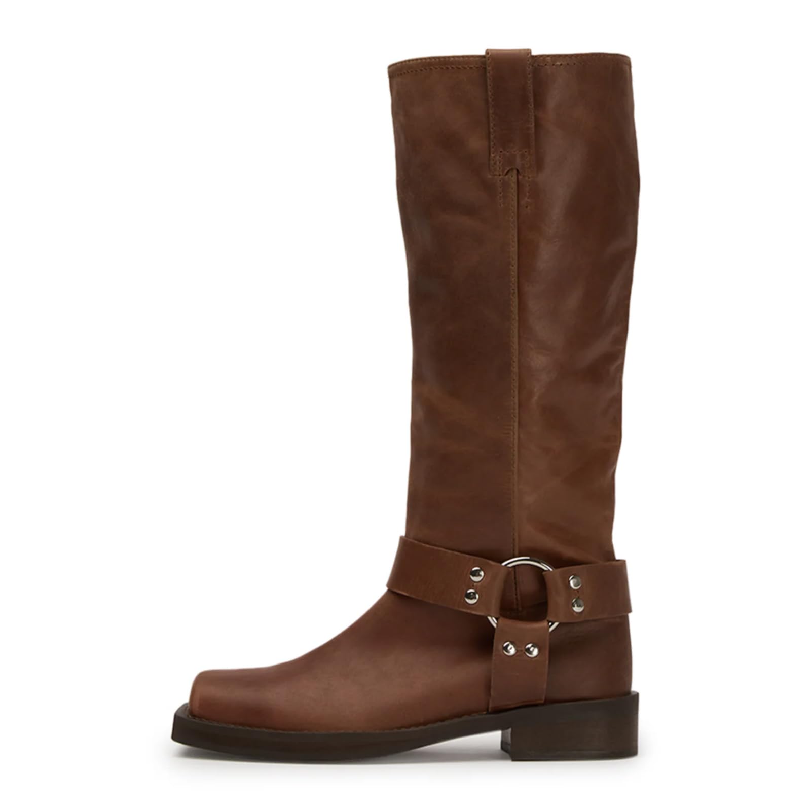 FIFSY Womens Knee High Boots Square Toe Riding Boots Motorcycle Buckle Booties Dark Brown US 8
