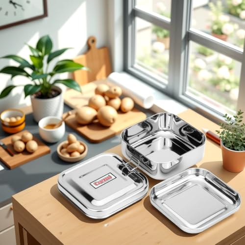 Image of Expresso Steel Tiffin Box for Office | Stainless Steel Lunch Box, 300 ML with Inner Plate | Traditional Design Glossy Finish Steel Box in Silver