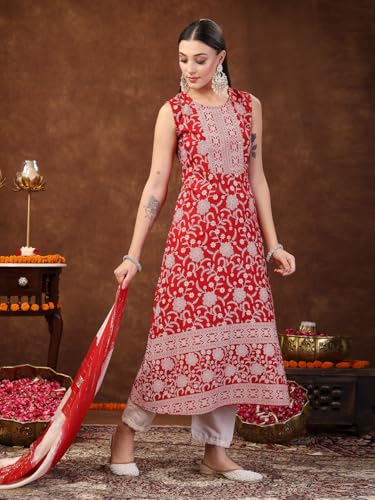 Stylum Women's Printed & Embroidered Rayon A-Line Kurta Dupatta Set (Kdredbull42_Red, Xl)