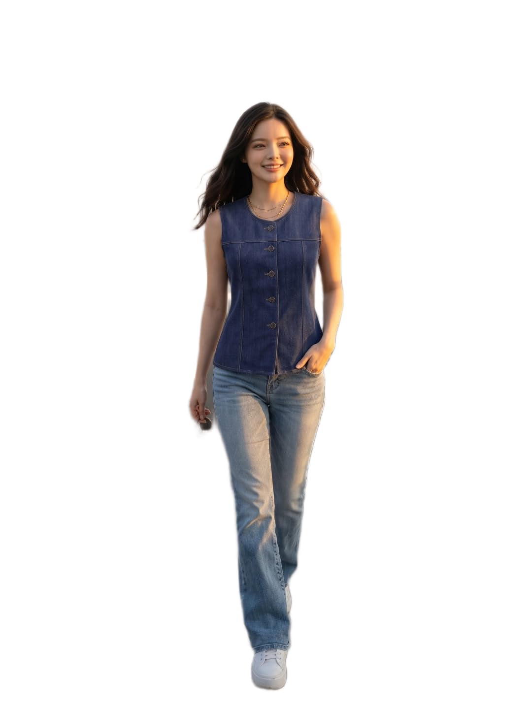 Collarless Denim Button-Up Vest-image-1