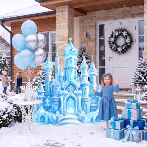 Image of Qunclay 4.5 ft Ice Castle Cardboard Cutout Winter Princess Party Decoration Life Size Ice Snow Photo Booth Prop Standee Stand up 3D Display Backdrop Decor for Birthday Baby Shower