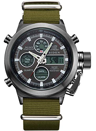 Mens Watches, Sports Military Digital Gents Watch Chronograph Waterproof Wrist Watches for Men with Led Backlight Analog Quartz Watches Alarm Stopwatch Calendar Black Green