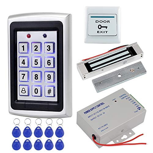 HFeng Full Kit Door Access Control System 125KHz RFID Keypad Reader Metal Case + 180KG Electromagnetic Lock + DC12V 3A Power Supply Controller + Door Exit Button + 10pcs Keyfobs