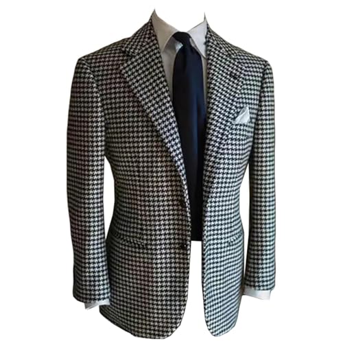 Men's Houndstooth Blazer Notch Lapel Suit Jacket Business Casual Office Coat